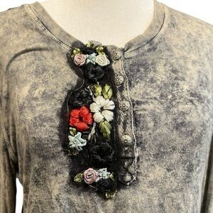 ARATTA SILENT JOURNEY Mineral Acid Wash Embroidered LS Tunic Shirt Boho Sz S EC